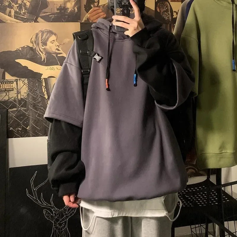 Ilusão de duas peças moletom masculino com capuz outono/inverno na moda marca ins hip hop topo oversize nicho jaqueta de rua alta