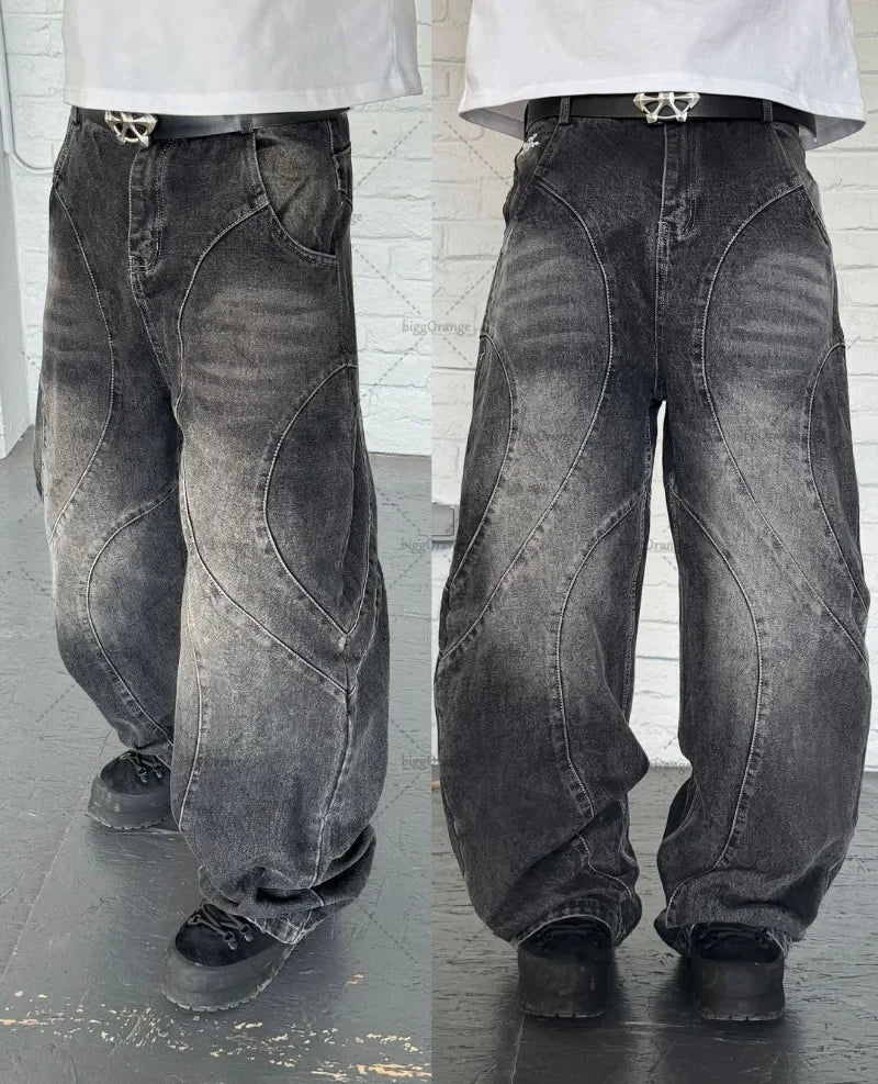 Nova rua alta gótico punk calças escuras y2k harajuku retro lavado angustiado baggy jeans masculino moda de rua calças de perna reta