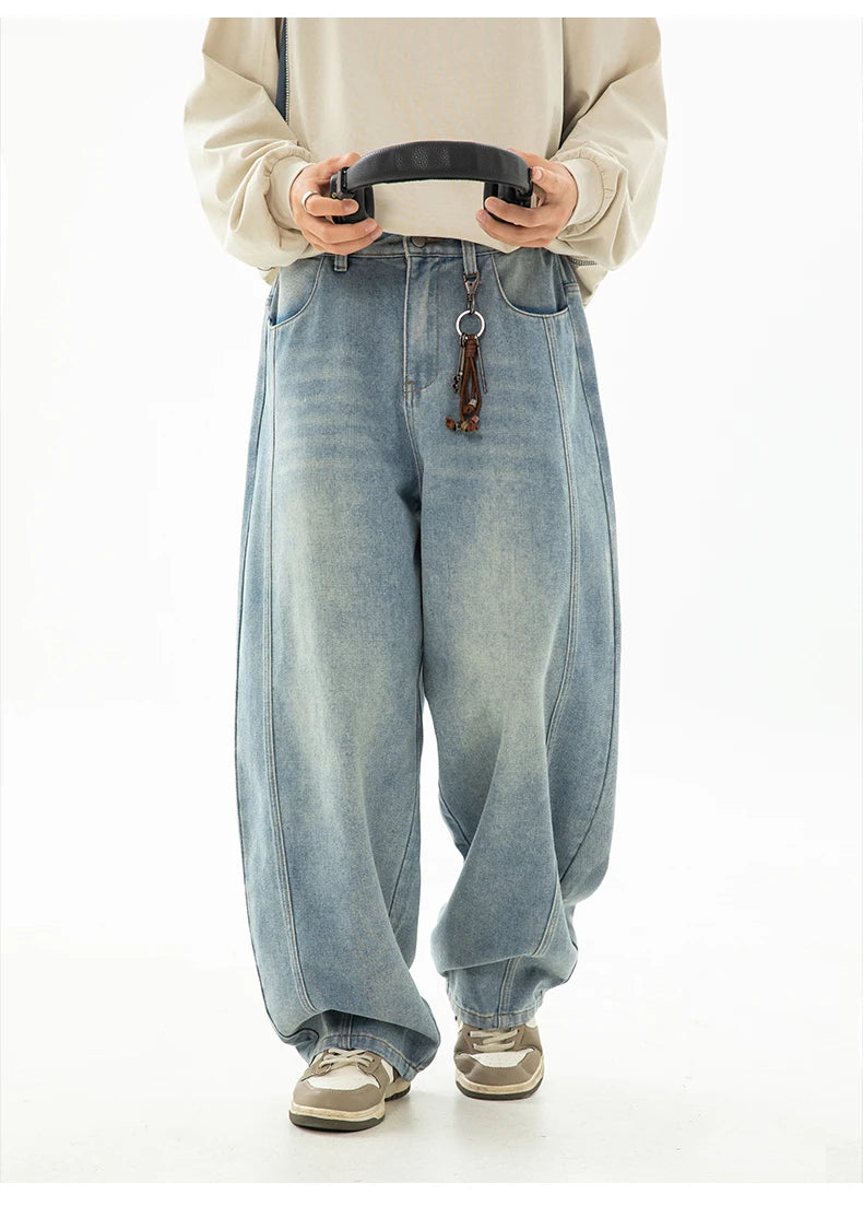 HANLU 2025 Primavera Novo! Jeans masculinos retrô lavados grandes, calças curvas com estrutura dividida da marca moderna, soltas e elegantes