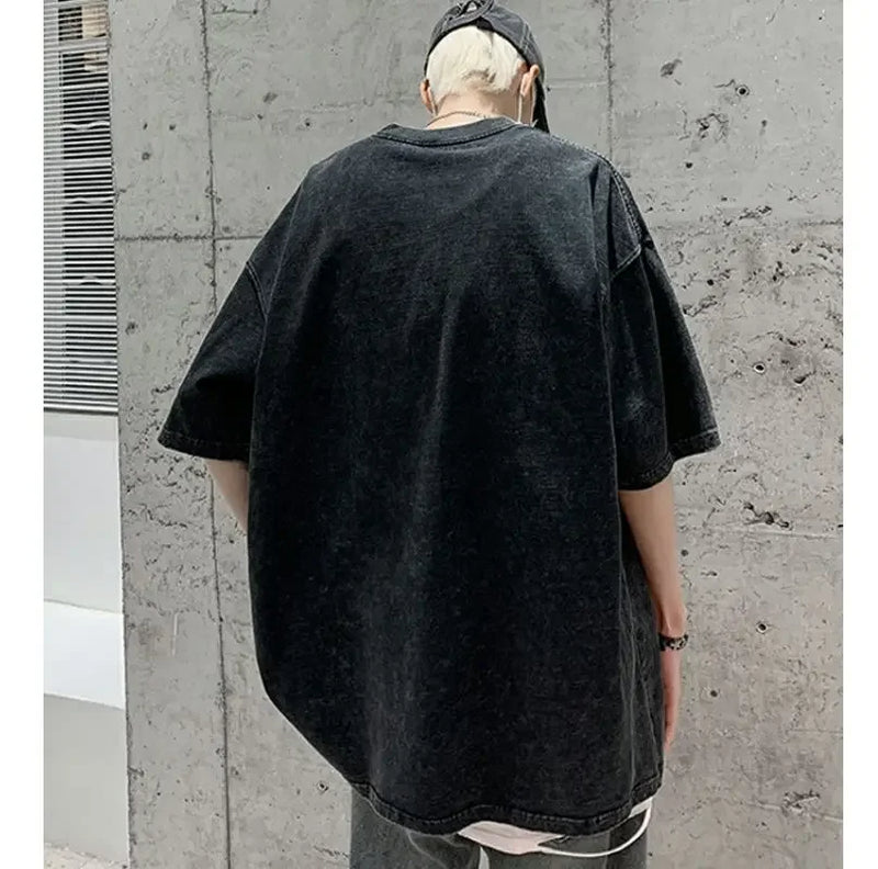 Camiseta de manga curta afligida masculina, retrô americano, algodão pesado, manga corporal, grandes dimensões, tamanho grande, roupa solta, verão