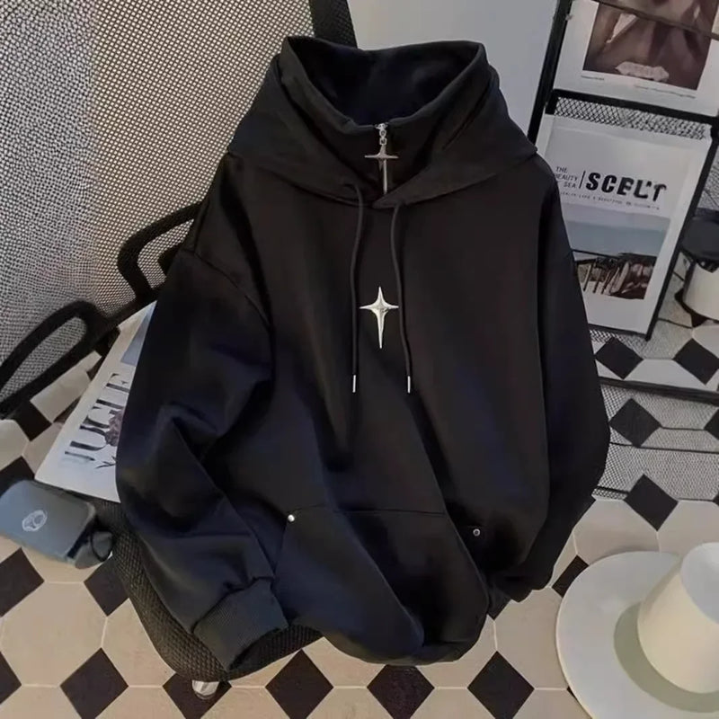 Casual gola alta moletom com capuz masculino primavera outono na moda desportivo estilo retro japonês jovem jaqueta aérea