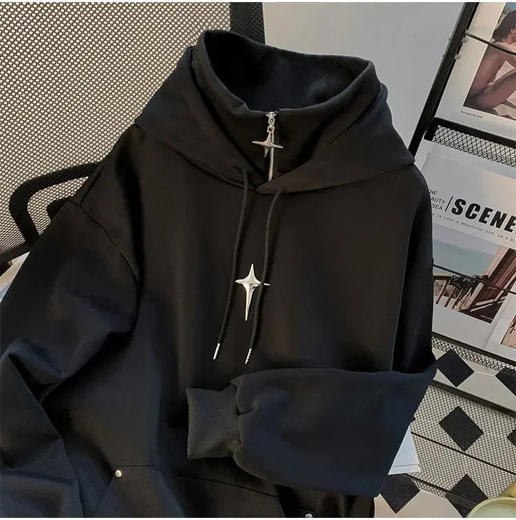 Casual gola alta moletom com capuz masculino primavera outono na moda desportivo estilo retro japonês jovem jaqueta aérea