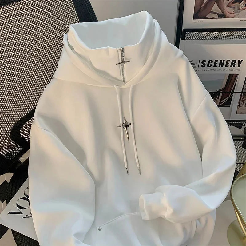 Casual gola alta moletom com capuz masculino primavera outono na moda desportivo estilo retro japonês jovem jaqueta aérea