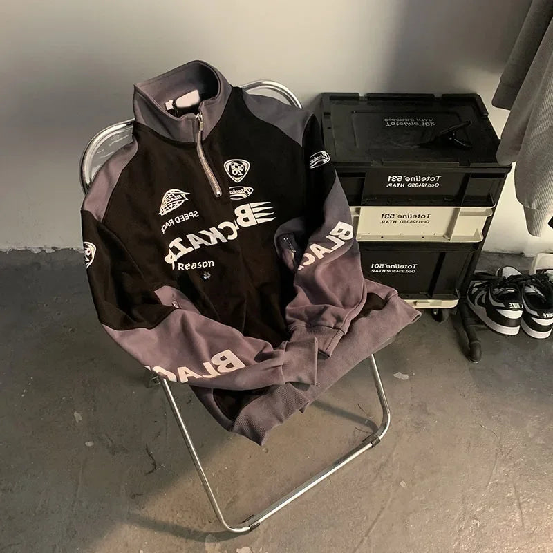 Original estilo americano vintage meio zíper moletom de corrida para homens mulheres na moda marca europeia americana rua motocicleta jaqueta