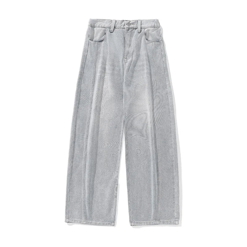 HANLU 2025 Primavera Novo! Jeans masculinos retrô lavados grandes, calças curvas com estrutura dividida da marca moderna, soltas e elegantes