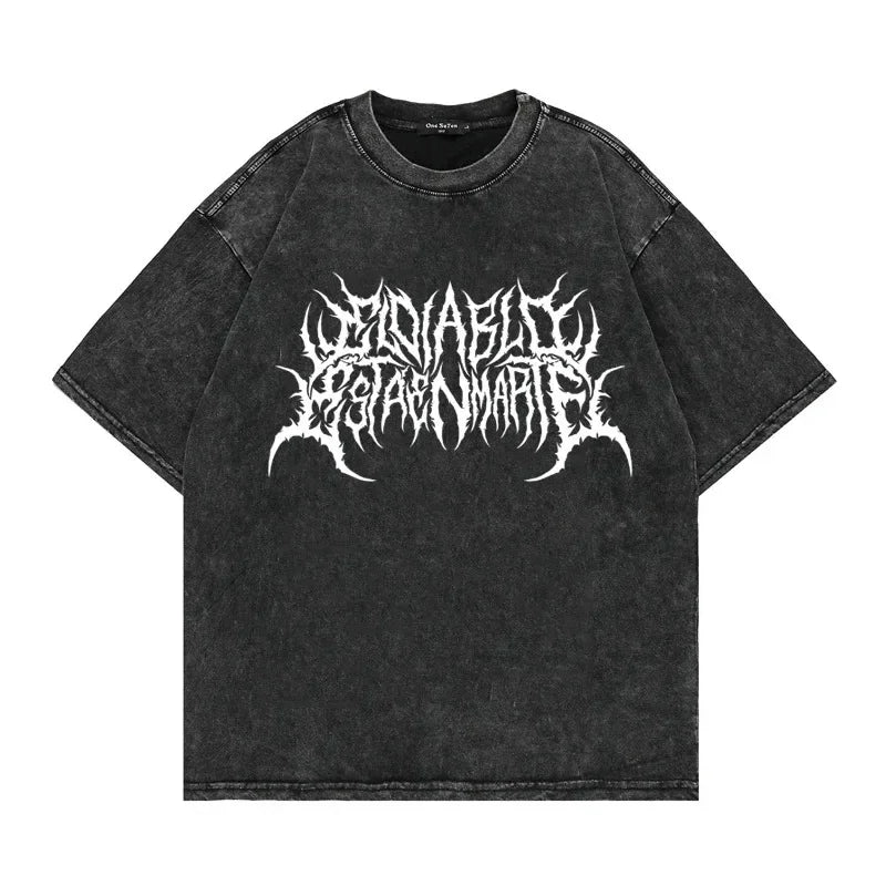 Camiseta punk vintage com lavagem solta, gráficos góticos, neutros, rua, moda antiga, masculina e feminina, casual