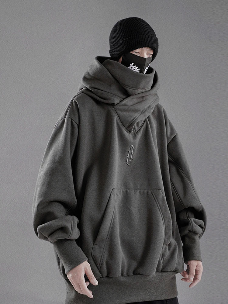 Moletom de gola alta bordado para homens japonês ninja hoodies outono hip hop velo bolso streetwear oversized y2k com capuz