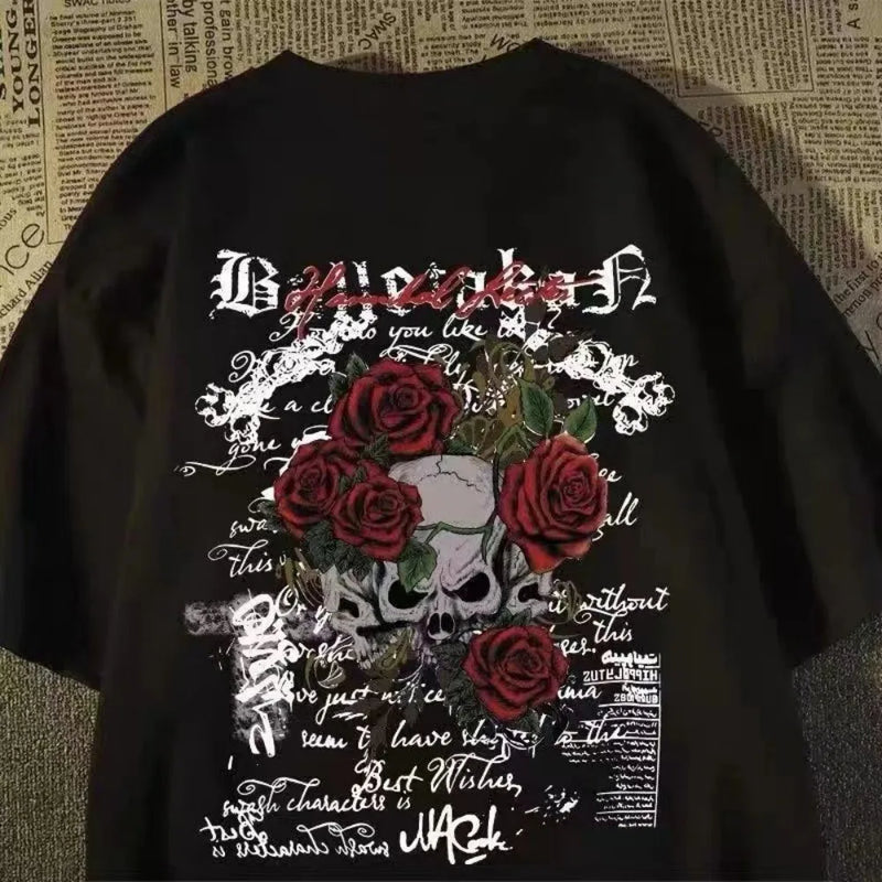 Moda europeia e americana nova moda masculina verão crânio anjo impressão micro elástico respirável em torno do pescoço camiseta ao ar livre cidade alta s