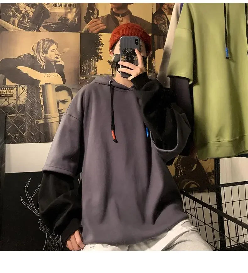 Ilusão de duas peças moletom masculino com capuz outono/inverno na moda marca ins hip hop topo oversize nicho jaqueta de rua alta