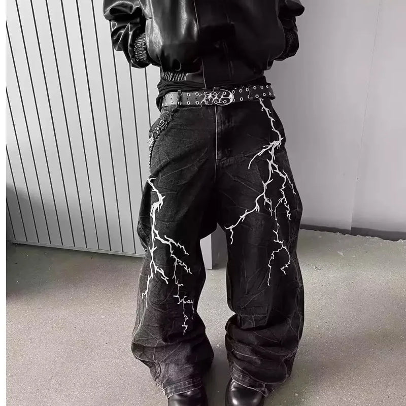 American high street texturizado relâmpago bordado perna reta jeans masculino solto perna larga até o chão calças de emagrecimento