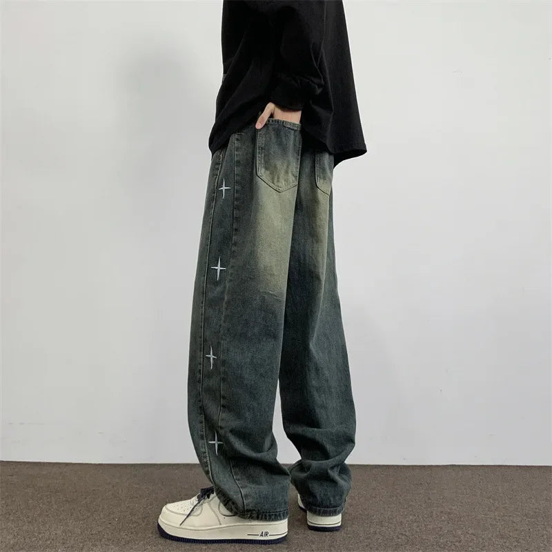 2024 novos jeans masculinos estilo americano estrela bordado na moda marca high street vintage angustiado versátil perna calças de emagrecimento