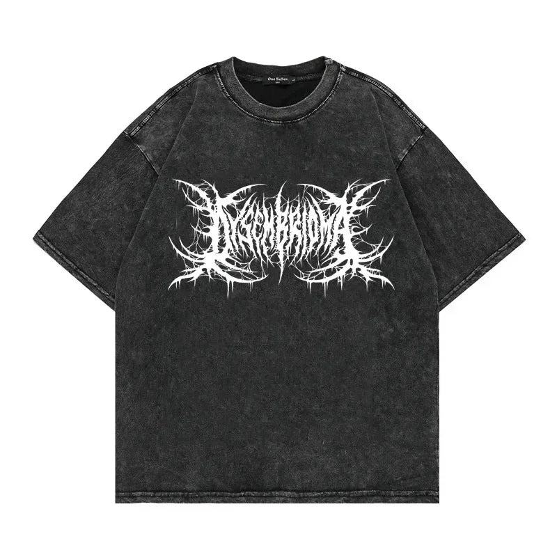 Camiseta punk vintage com lavagem solta, gráficos góticos, neutros, rua, moda antiga, masculina e feminina, casual