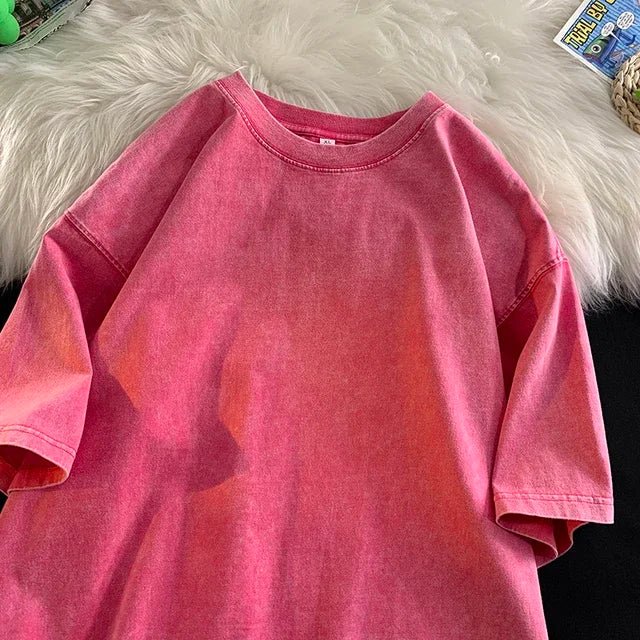 Camiseta vintage masculina de grandes dimensões, camiseta de manga curta para homens, camiseta de algodão rosa, camiseta grande y2k