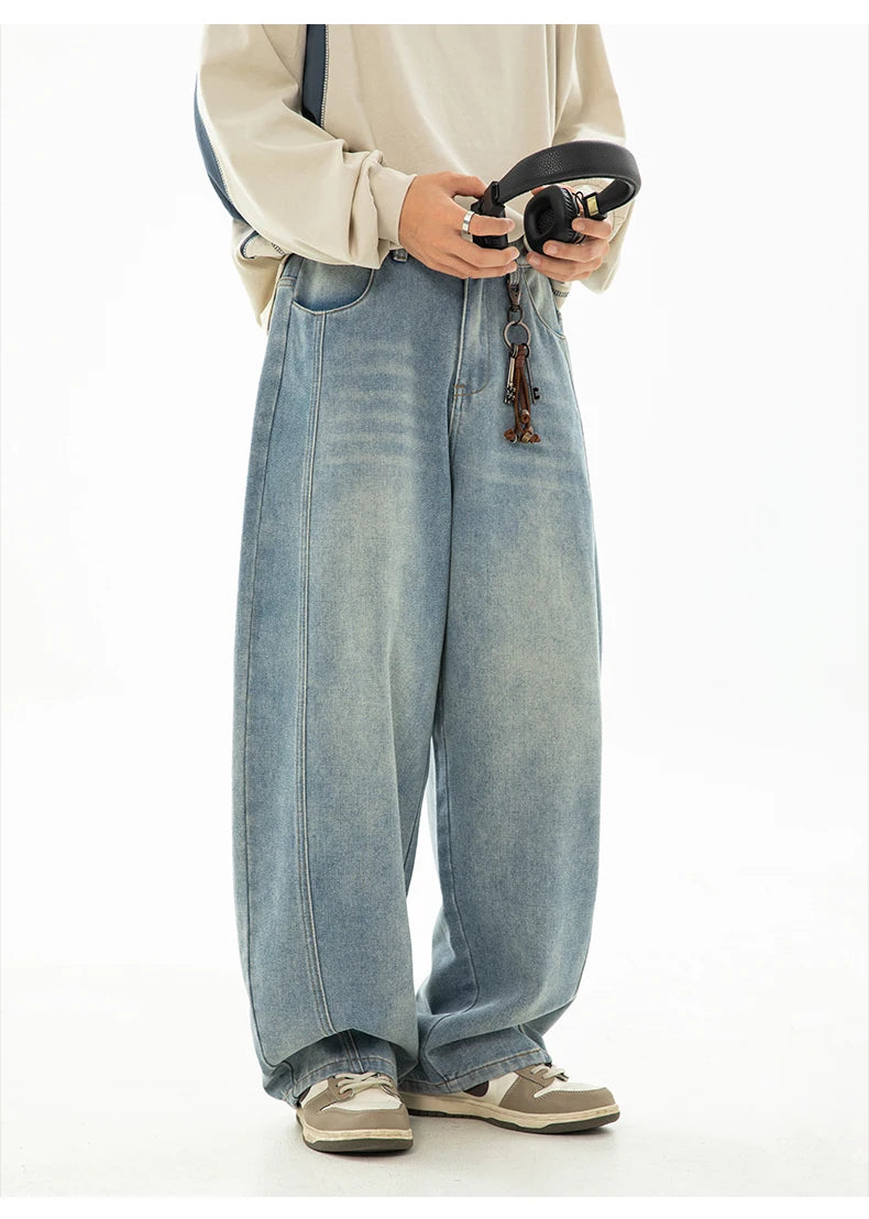 HANLU 2025 Primavera Novo! Jeans masculinos retrô lavados grandes, calças curvas com estrutura dividida da marca moderna, soltas e elegantes