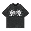 Camiseta punk vintage com lavagem solta, gráficos góticos, neutros, rua, moda antiga, masculina e feminina, casual