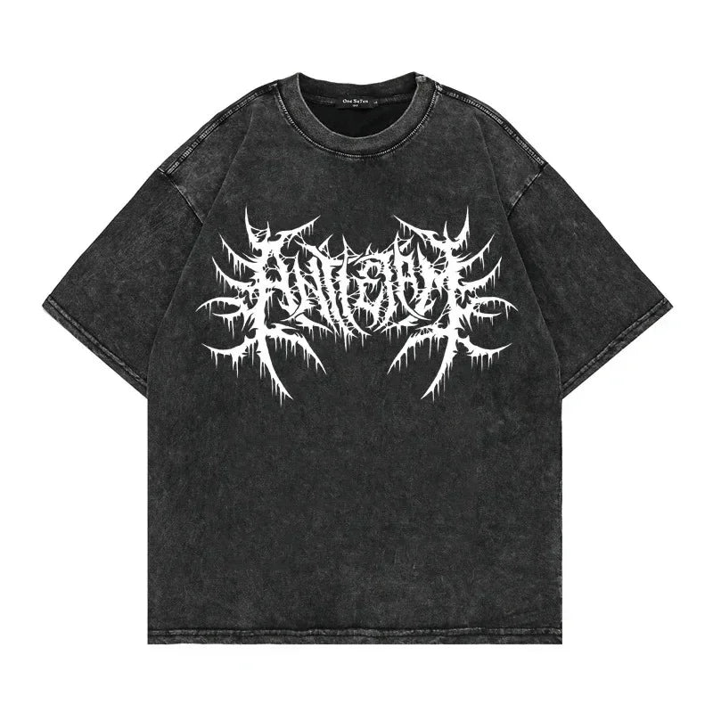 Camiseta punk vintage com lavagem solta, gráficos góticos, neutros, rua, moda antiga, masculina e feminina, casual