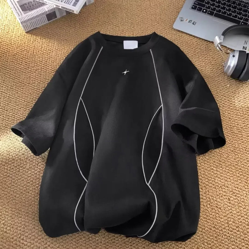 2024 verão americano ins nova camiseta masculina solta casual em torno do pescoço streetwear y2k design personalizado estilo casual topos