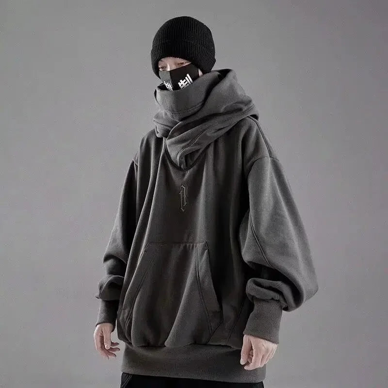 Moletom de gola alta bordado para homens japonês ninja hoodies outono hip hop velo bolso streetwear oversized y2k com capuz