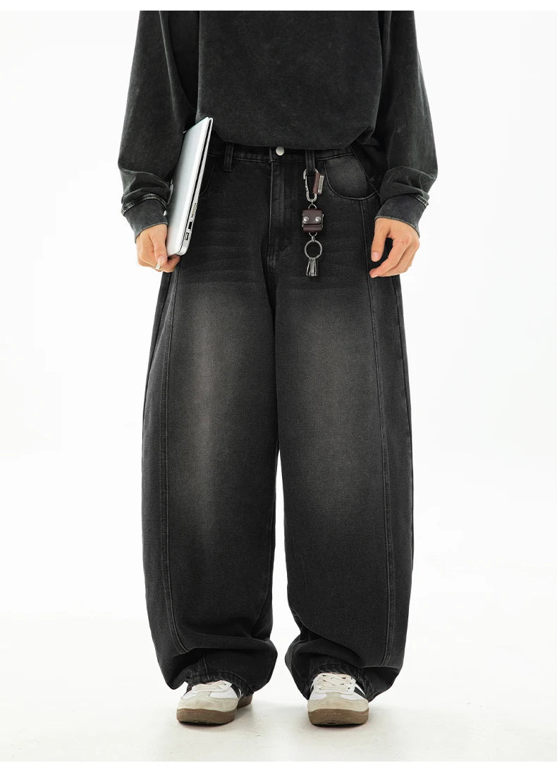 HANLU 2025 Primavera Novo! Jeans masculinos retrô lavados grandes, calças curvas com estrutura dividida da marca moderna, soltas e elegantes