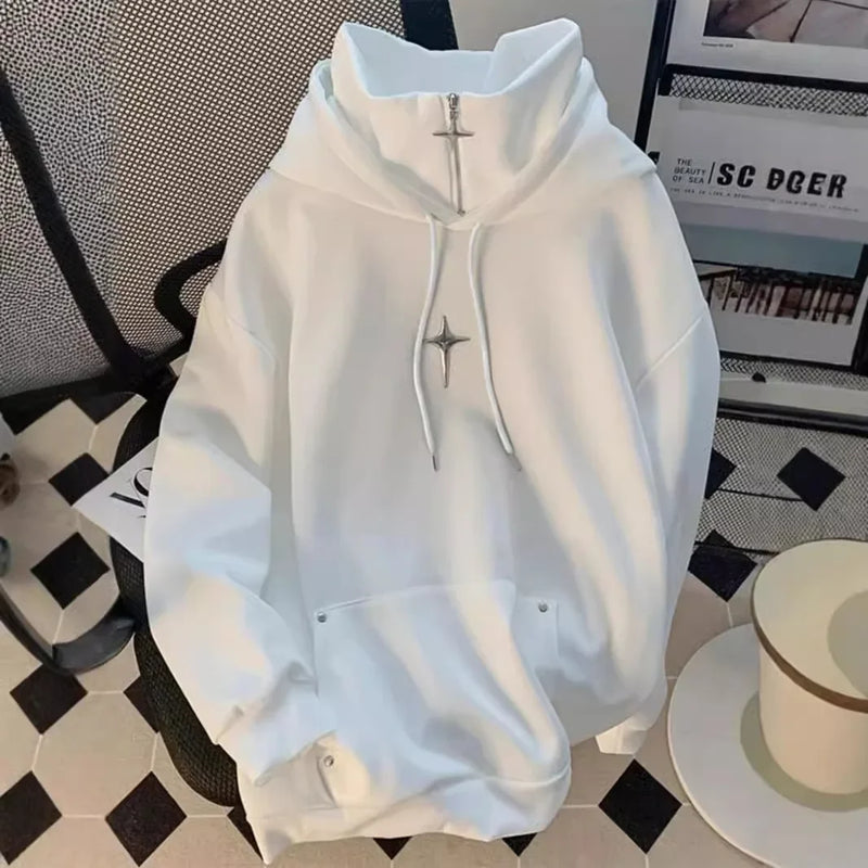 Casual gola alta moletom com capuz masculino primavera outono na moda desportivo estilo retro japonês jovem jaqueta aérea