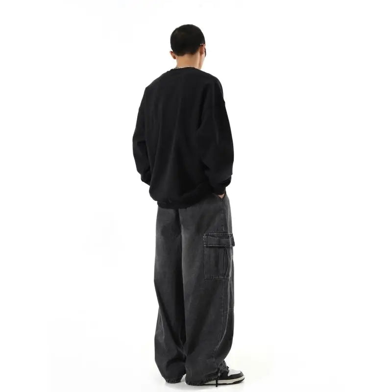 Preto baggy carga calças de brim dos homens casuais perna larga calças de jogging oversize vintage em linha reta solta calças de brim de trabalho conforto macio