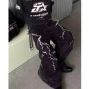 American high street texturizado relâmpago bordado perna reta jeans masculino solto perna larga até o chão calças de emagrecimento