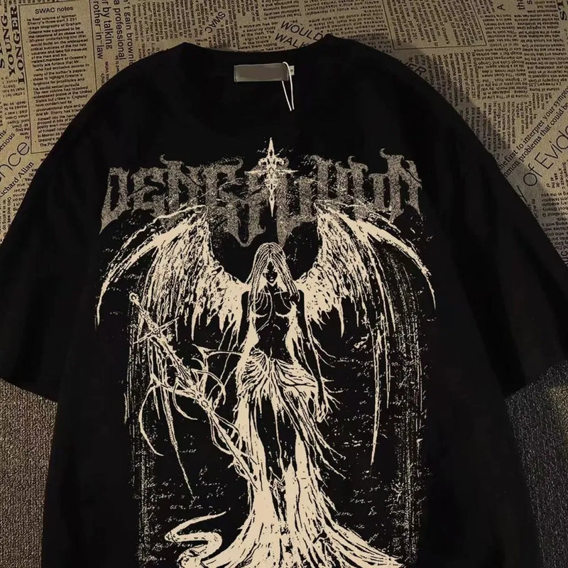 Moda europeia e americana nova moda masculina verão crânio anjo impressão micro elástico respirável em torno do pescoço camiseta ao ar livre cidade alta s