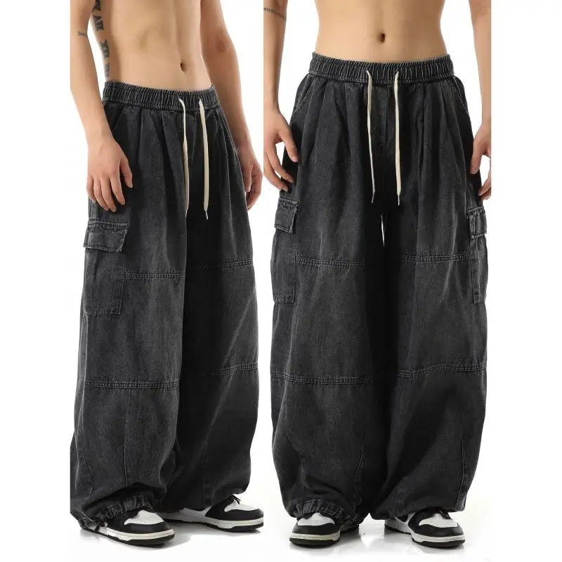 Preto baggy carga calças de brim dos homens casuais perna larga calças de jogging oversize vintage em linha reta solta calças de brim de trabalho conforto macio