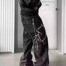 American high street texturizado relâmpago bordado perna reta jeans masculino solto perna larga até o chão calças de emagrecimento