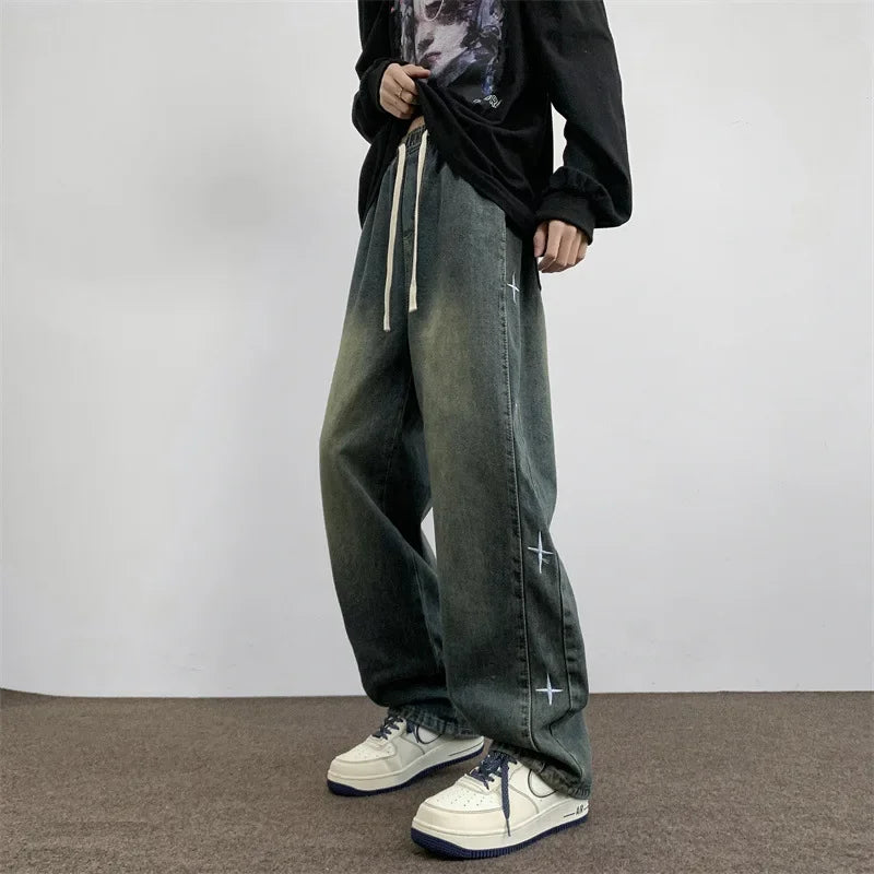 2024 novos jeans masculinos estilo americano estrela bordado na moda marca high street vintage angustiado versátil perna calças de emagrecimento