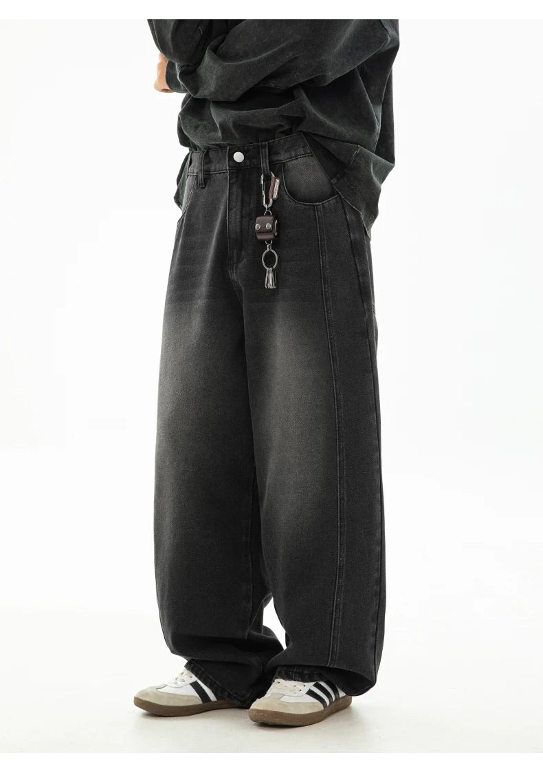 HANLU 2025 Primavera Novo! Jeans masculinos retrô lavados grandes, calças curvas com estrutura dividida da marca moderna, soltas e elegantes