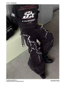 American high street texturizado relâmpago bordado perna reta jeans masculino solto perna larga até o chão calças de emagrecimento