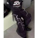 American high street texturizado relâmpago bordado perna reta jeans masculino solto perna larga até o chão calças de emagrecimento