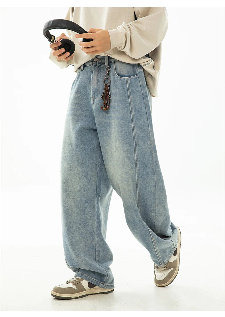 HANLU 2025 Primavera Novo! Jeans masculinos retrô lavados grandes, calças curvas com estrutura dividida da marca moderna, soltas e elegantes