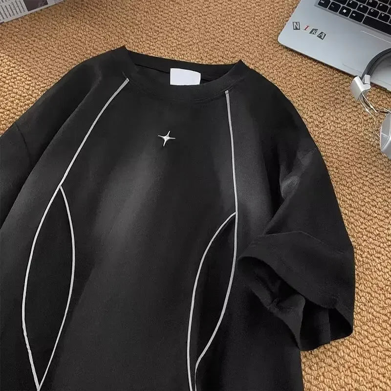 2024 verão americano ins nova camiseta masculina solta casual em torno do pescoço streetwear y2k design personalizado estilo casual topos