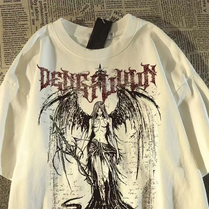 Moda europeia e americana nova moda masculina verão crânio anjo impressão micro elástico respirável em torno do pescoço camiseta ao ar livre cidade alta s