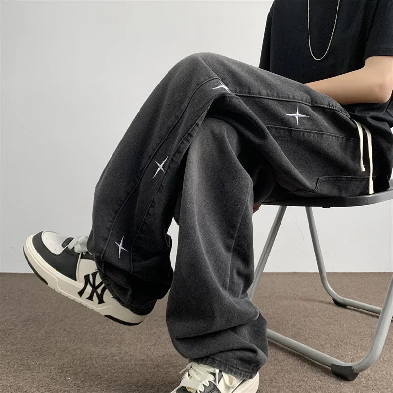 2024 novos jeans masculinos estilo americano estrela bordado na moda marca high street vintage angustiado versátil perna calças de emagrecimento