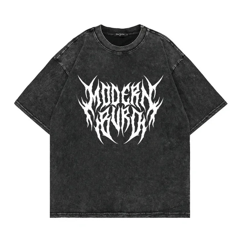 Camiseta punk vintage com lavagem solta, gráficos góticos, neutros, rua, moda antiga, masculina e feminina, casual