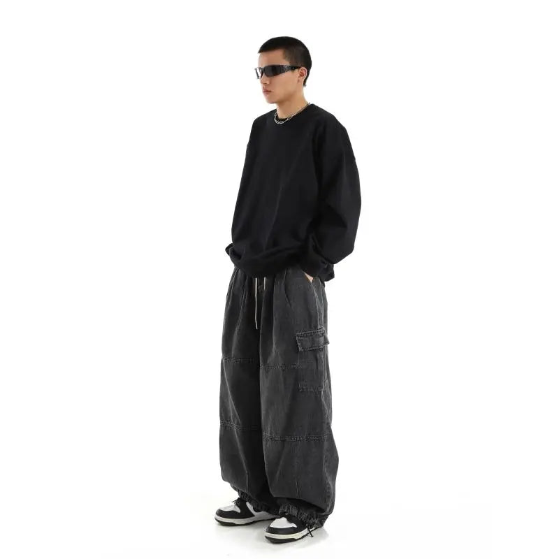 Preto baggy carga calças de brim dos homens casuais perna larga calças de jogging oversize vintage em linha reta solta calças de brim de trabalho conforto macio