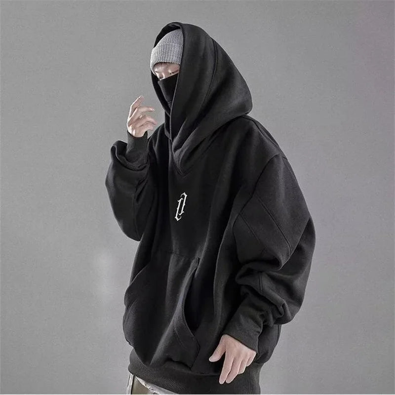 Moletom de gola alta bordado para homens japonês ninja hoodies outono hip hop velo bolso streetwear oversized y2k com capuz