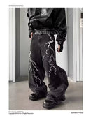 American high street texturizado relâmpago bordado perna reta jeans masculino solto perna larga até o chão calças de emagrecimento