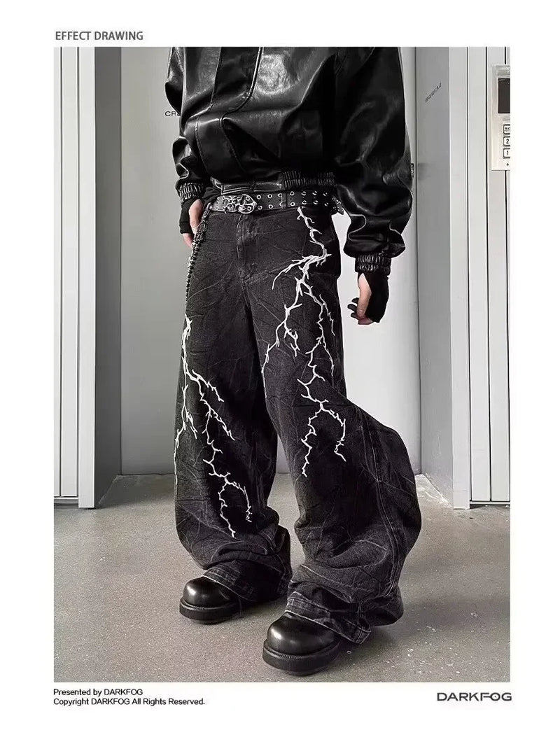 American high street texturizado relâmpago bordado perna reta jeans masculino solto perna larga até o chão calças de emagrecimento