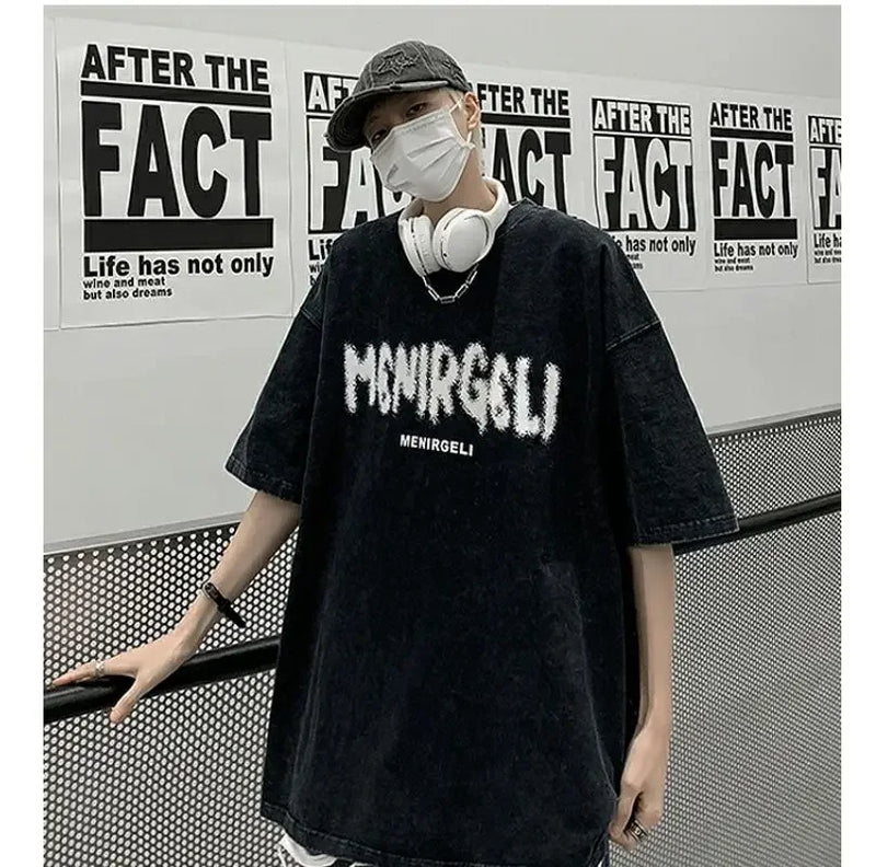 Camiseta de manga curta afligida masculina, retrô americano, algodão pesado, manga corporal, grandes dimensões, tamanho grande, roupa solta, verão