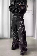 American high street texturizado relâmpago bordado perna reta jeans masculino solto perna larga até o chão calças de emagrecimento