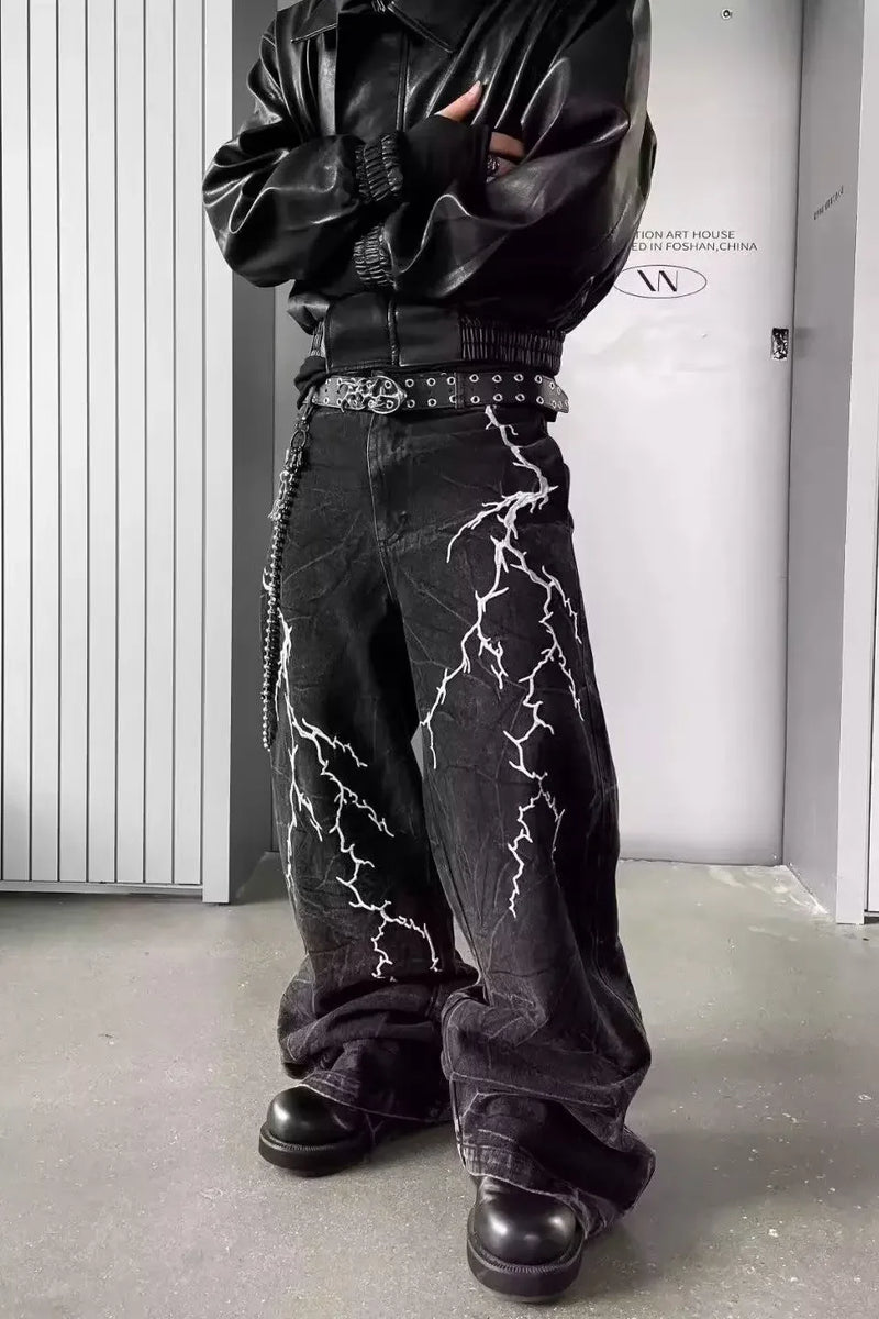 American high street texturizado relâmpago bordado perna reta jeans masculino solto perna larga até o chão calças de emagrecimento