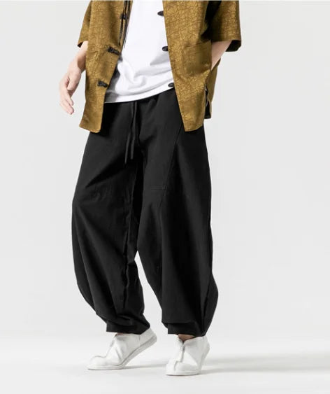 Primavera masculina solta harem calças de linho chinês oversize sweatpants alta qualidade casual marca masculina harem calças