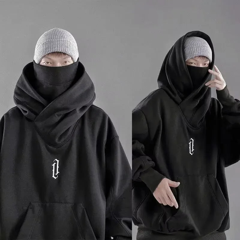 Moletom de gola alta bordado para homens japonês ninja hoodies outono hip hop velo bolso streetwear oversized y2k com capuz