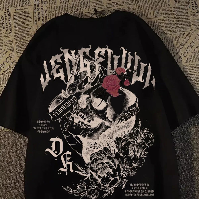 Moda europeia e americana nova moda masculina verão crânio anjo impressão micro elástico respirável em torno do pescoço camiseta ao ar livre cidade alta s