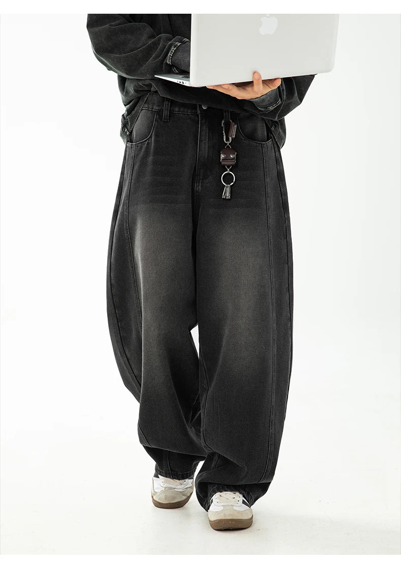 HANLU 2025 Primavera Novo! Jeans masculinos retrô lavados grandes, calças curvas com estrutura dividida da marca moderna, soltas e elegantes