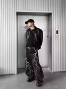 American high street texturizado relâmpago bordado perna reta jeans masculino solto perna larga até o chão calças de emagrecimento